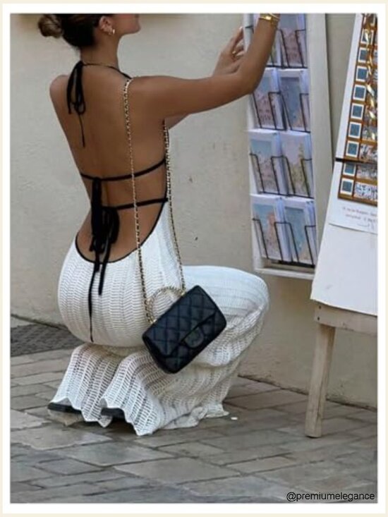 Backless Halter Maxi Dress with Tie Back, Sleeveless Knit, Deep V Neck - Picture 2 of 5